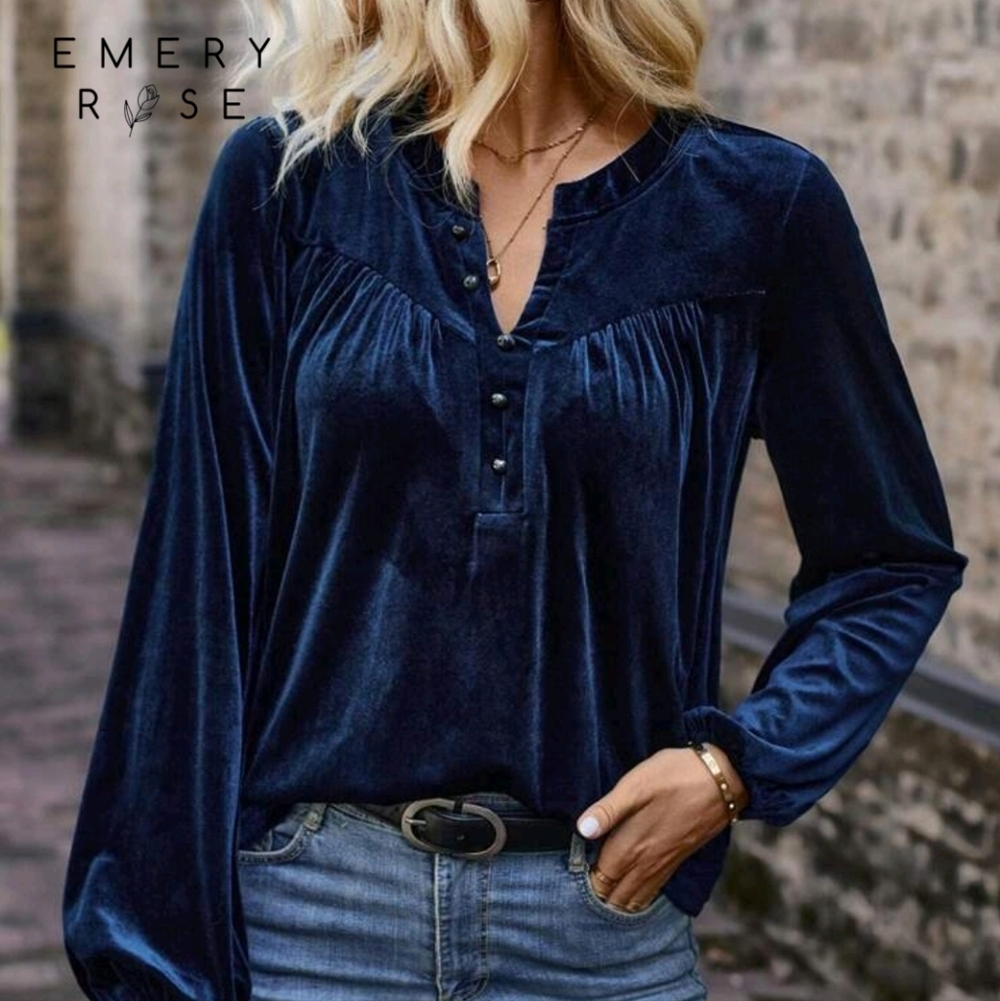 SHEIN Navy Velvet Blouse